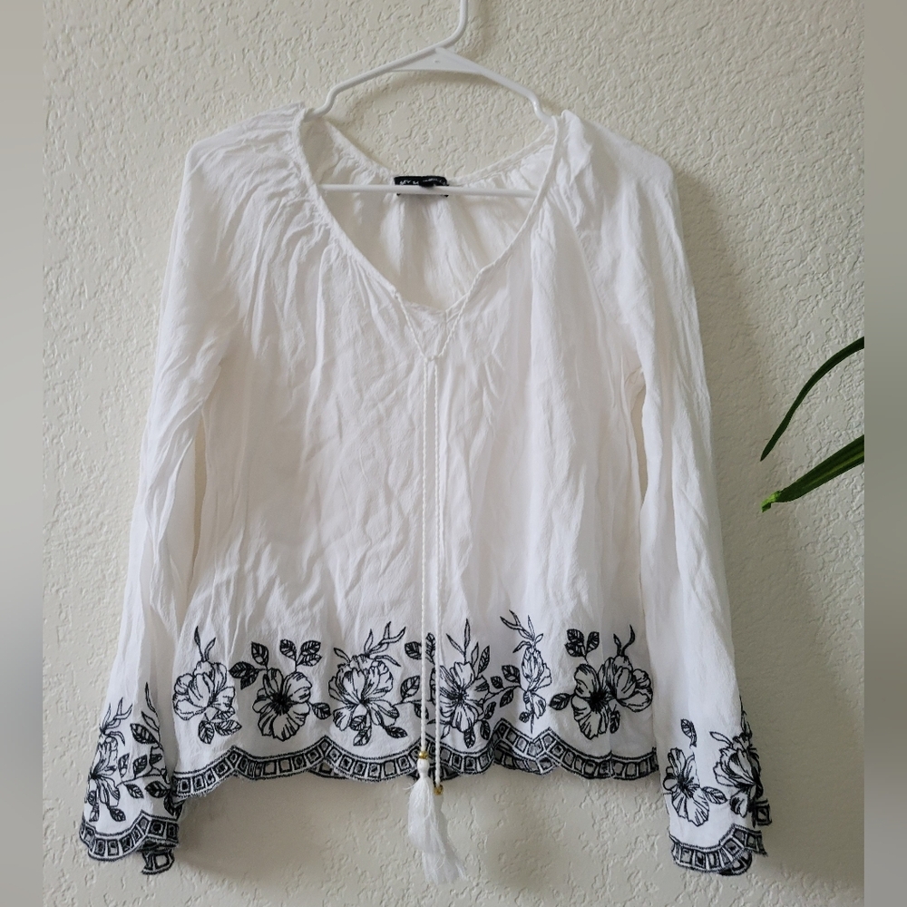 My Michelle White Blouse with Black Floral Embroidery